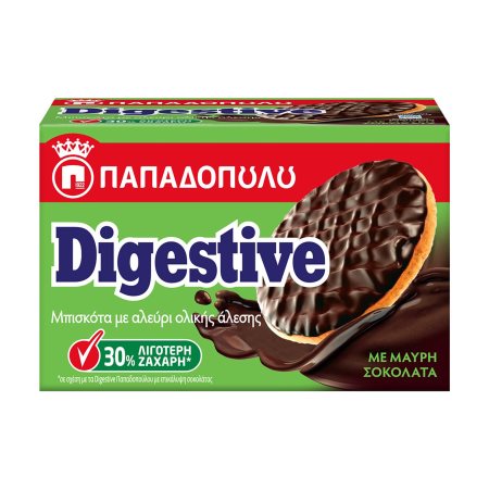 ΠΑΠΑΔΟΠΟΥΛΟΥ Digestive Μπισκότα με Επικάλυψη Μαύρη Σοκολάτα με 30% Λιγότερη ζάχαρη 200g