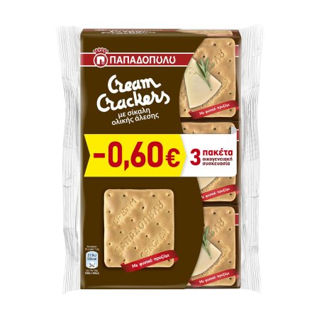 ΠΑΠΑΔΟΠΟΥΛΟΥ Cream Crackers με Σίκαλη Ολικής Άλεσης Vegan 3x175gr