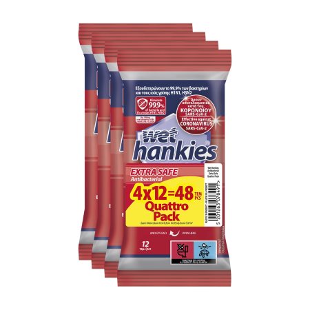 WET HANKIES Extra Safe Υγρομάντιλα Αντιβακτηριδιακά 4x12τεμ 