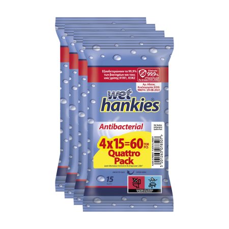 WET HANKIES Υγρομάντιλα Αντιβακτηριδιακά 4x15τεμ 