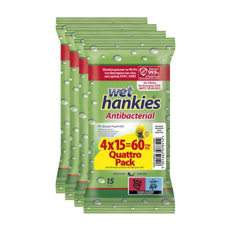 WET HANKIΕS Υγρομάντιλα Αντιβακτηριδιακά με 'Αρωμα Λεμόνι 4x15τεμ 