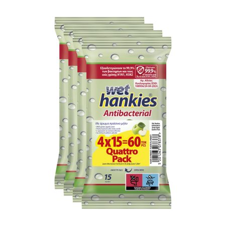 WET HANKIES Υγρομάντιλα Αντιβακτηριδιακά με Άρωμα Πράσινο Μήλο 4x15τεμ 