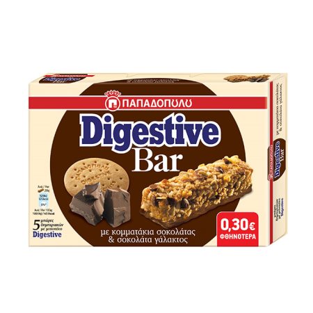 ΠΑΠΑΔΟΠΟΥΛΟΥ Digestive Bar Μπάρες Δημητριακών με Κομματάκια Σοκολάτας Γάλακτος 5x28gr 