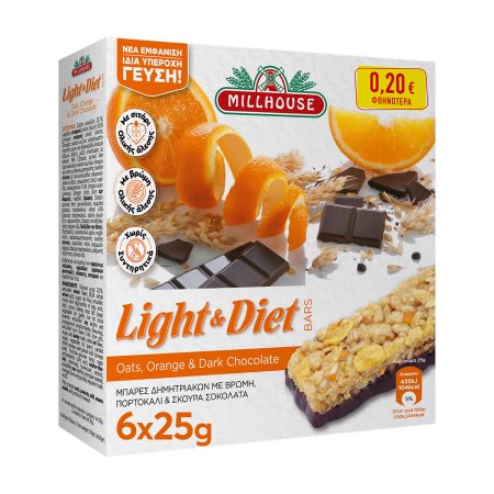 MILLHOUSE Light & Diet Μπάρες Δημητριακών με Σοκολάτα & Πορτοκάλι 6x25gr 