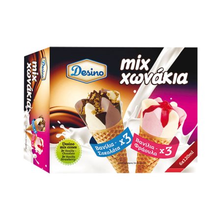 DESINO Mix Παγωτό Χωνάκι Βανίλια Σοκολάτα & Βανίλια Φράουλα 6τεμ 414gr (720ml)