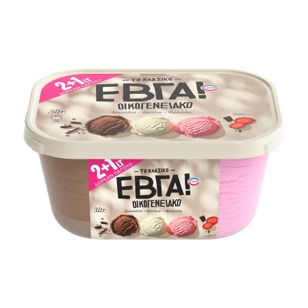 ΕΒΓΑ Παγωτό Βανίλια Σοκολάτα Φράουλα 987gr (2lt) +50% Δώρο