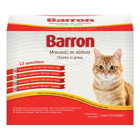 BARRON Υγρή Τροφή Γάτας σε 4 Γεύσεις Μπουκιές σε σάλτσα 12Χ100gr