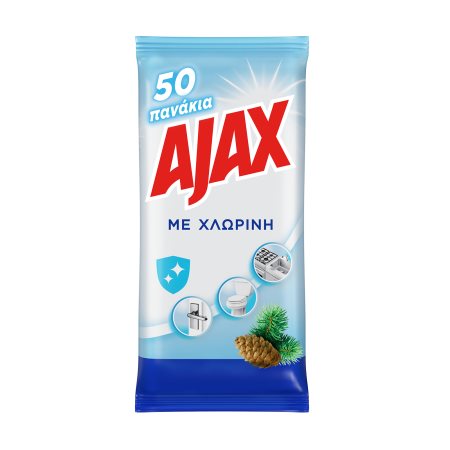 AJAX Υγρά Πανάκια με Χλωρίνη για Καθαρισμό Επιφανειών 50τεμ 