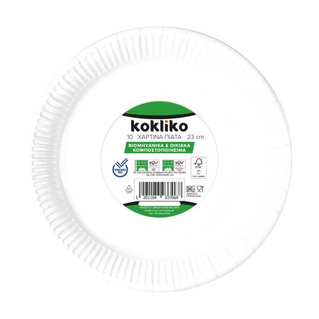 KOKLIKO Πιάτα Χάρτινα 0% Πλαστικό Λευκά 23cm 10τεμ