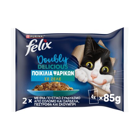 FELIX Doubly Delicious Υγρή Τροφή Γάτας Ποικιλία Ψαρικών σε Ζελέ 4x85g