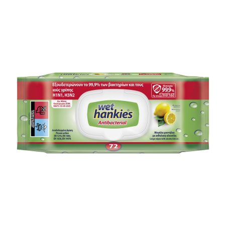 WET HANKIES Υγρομάντιλα Αντιβακτηριδιακά με Άρωμα Λεμόνι 72τεμ