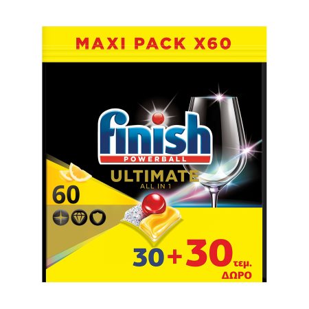 FINISH Powerball Ultimate Απορρυπαντικό Πλυντηρίου Πιάτων Ταμπλέτες Λεμόνι 30τεμ +30τεμ Δώρο