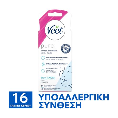 VEET Pure Αποτριχωτικές Ταινίες Κεριού Προσώπου για Ευαίσθητες Επιδερμίδες 16τεμ