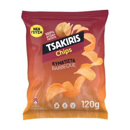 TSAKIRIS Κυματιστά Πατατάκια με γεύση Barbeque Vegan Χωρίς γλουτένη 120g