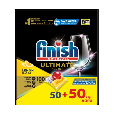 FINISH Powerball Ultimate Απορρυπαντικό Πλυντηρίου Πιάτων Ταμπλέτες Λεμόνι 50τεμ +50 Δώρο