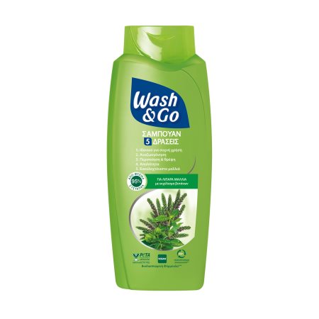 WASH & GO Σαμπουάν 5 Δράσεις με Εκχύλισμα Βοτάνων για Λιπαρά Μαλλιά Vegan 650ml