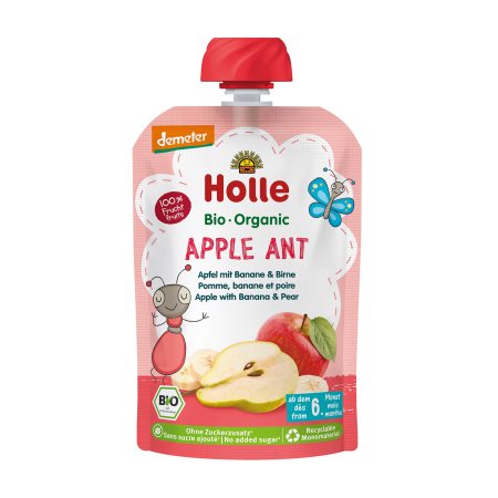 HOLLE Apple Ant Φρουτοπουρές Μήλο Μπανάνα & Αχλάδι από 6+ μηνών Βιολογικός Χωρίς γλουτένη Χωρίς προσθήκη ζάχαρης 100g